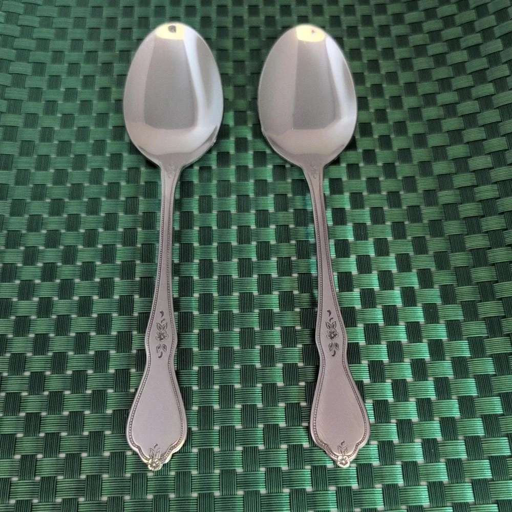 Oneida MORNING BLOSSOM Soup Spoons Set Lot of 2 Stainless Burnished Floral USA
